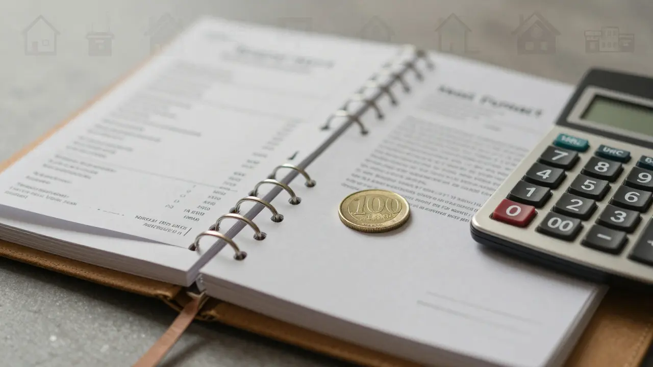 Dokumente und Rechnungen auf Holztablett, Geldbetrag von 800 € als Gewinn, 1.000 €-Münze liegt oben.