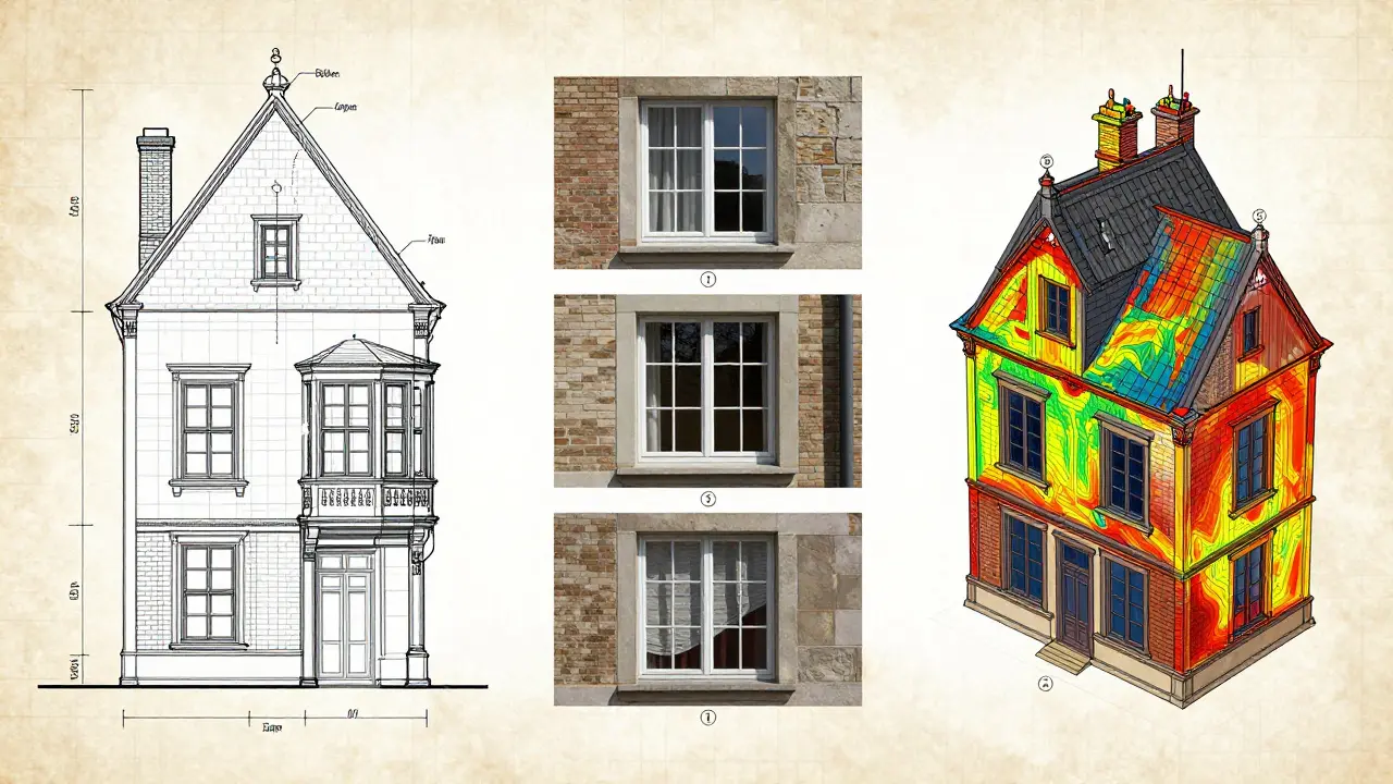 Drei technische Darstellungen einer Denkmalsanierung: Zeichnung, Fotos in drei Phasen und ein 3D-Laserscan-Modell eines Dachstuhls.