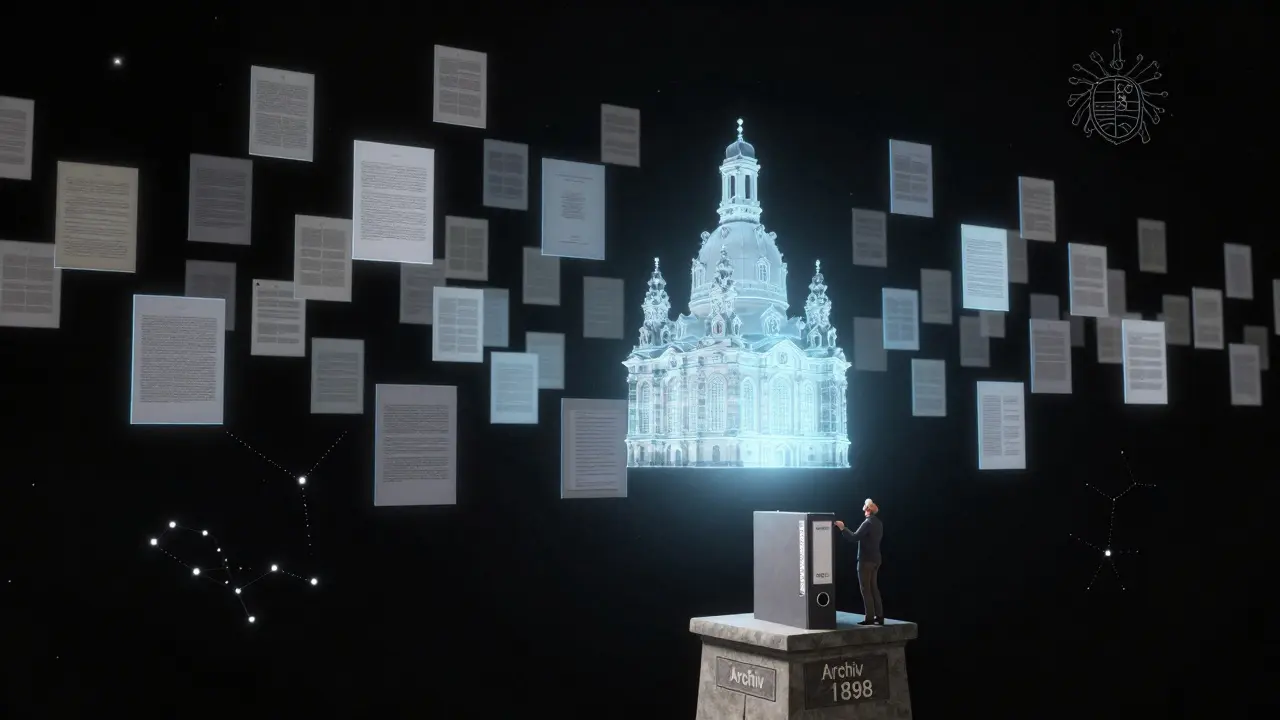 Ein digitales Archiv aus schwebenden Dokumenten, das historische Sanierungsprojekte als leuchtende Konstellationen darstellt.