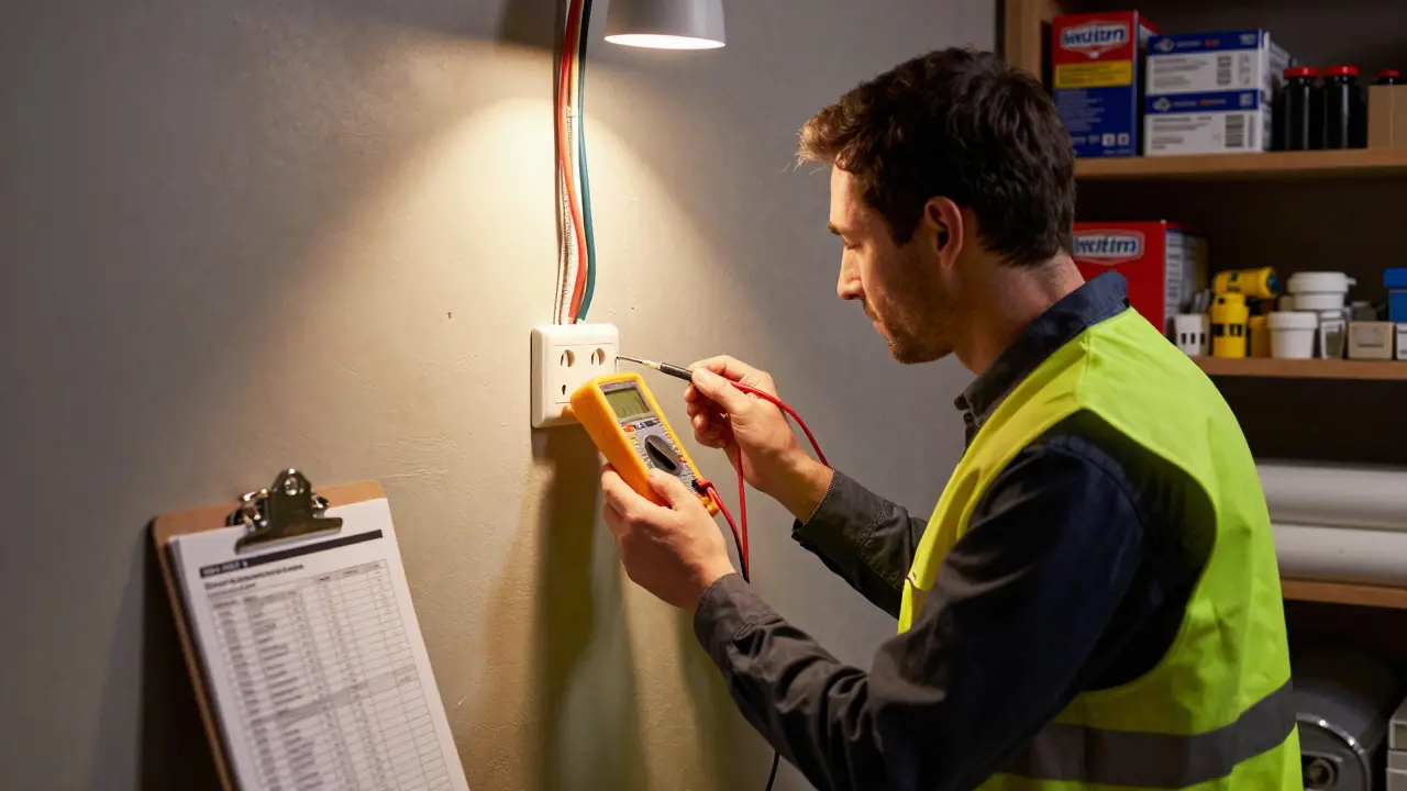 Ein Elektriker prüft mit einem Messgerät eine selbst verlegte Steckdose in einem Keller.