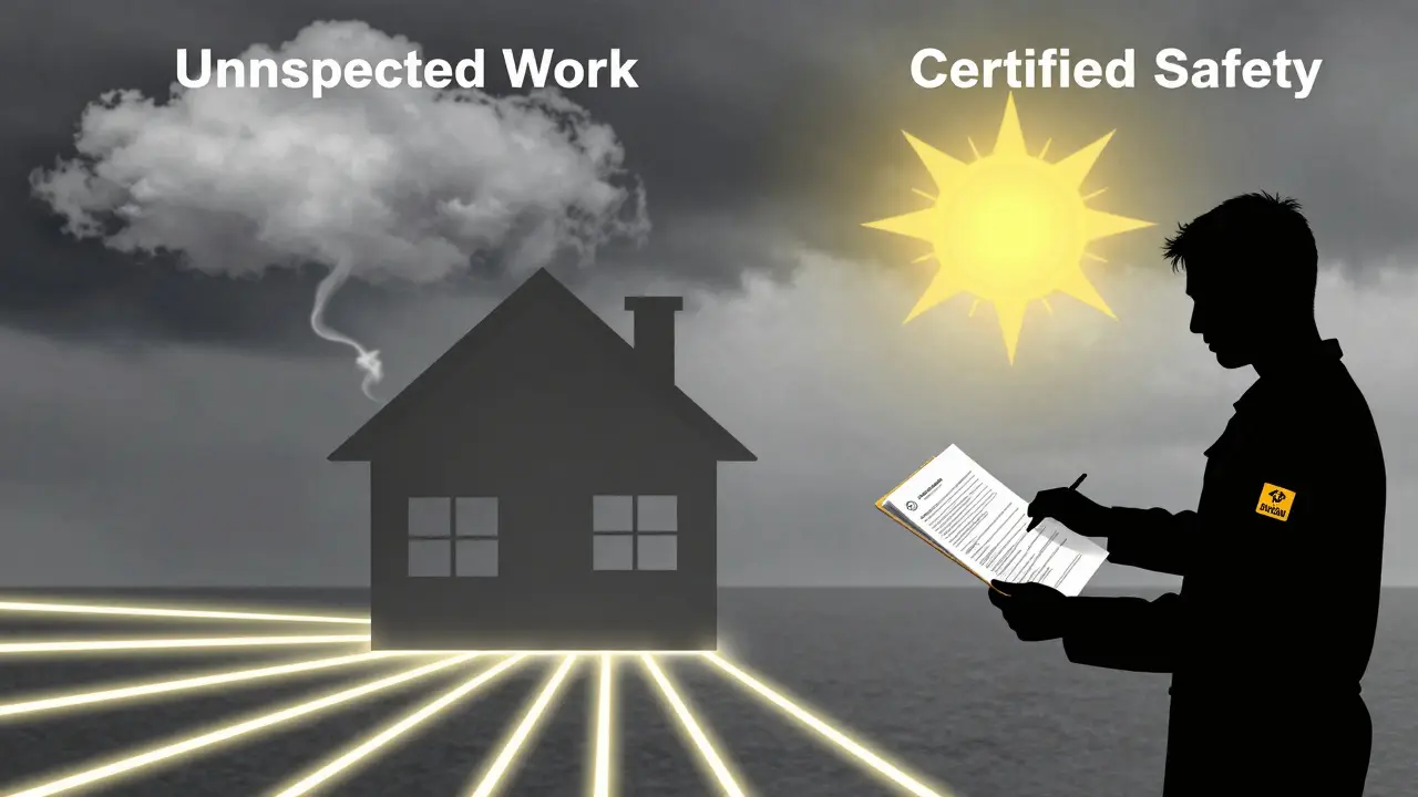 Ein Haus mit sicheren Systemen, während ein Eigenheimbesitzer Dokumente einem zertifizierten Prüfer übergibt.