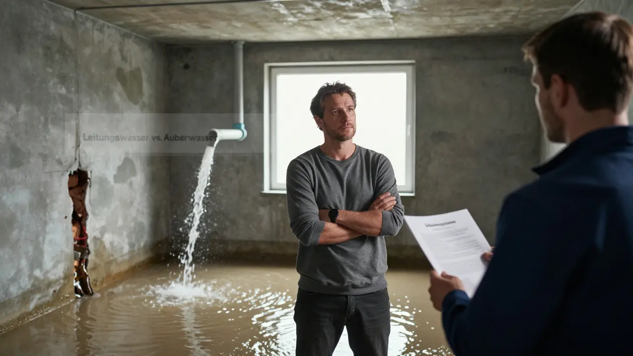 Ein Hausbesitzer beobachtet einen Gutachter, während ein Vergleich von Leitungswasser- und Außenwasserschäden sichtbar ist.