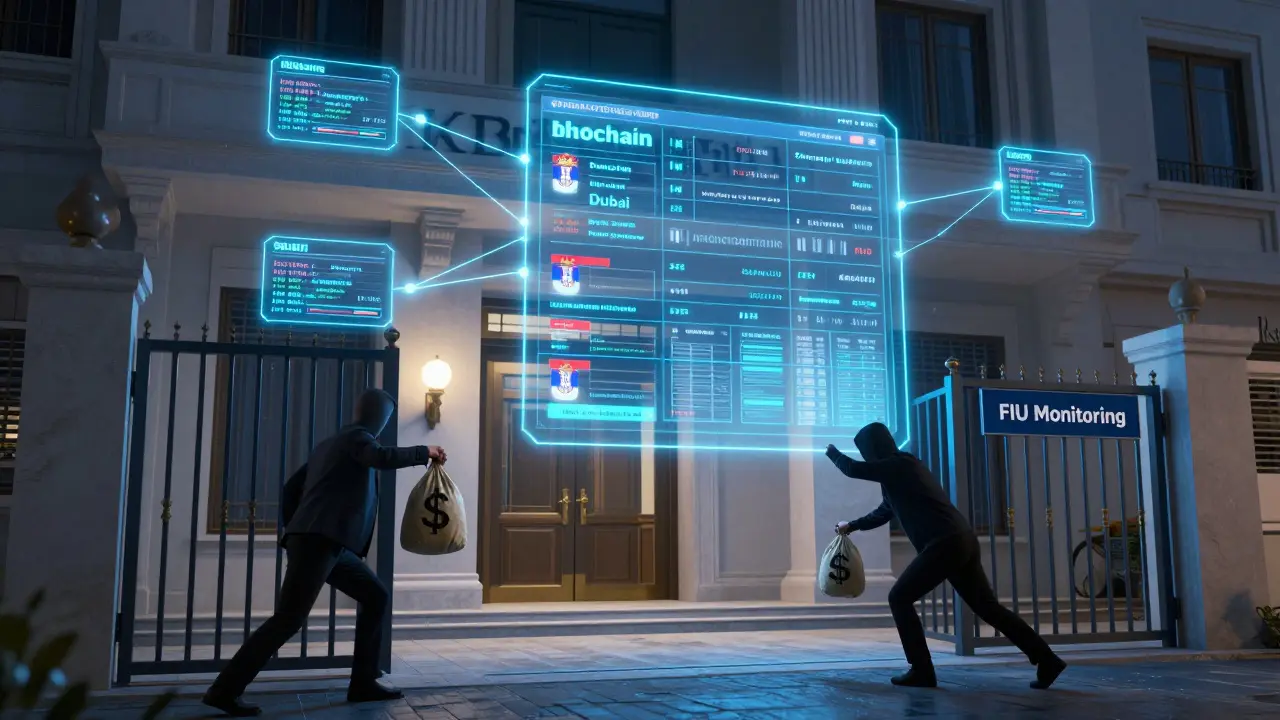 Ein leuchtendes Blockchain-System verbindet Immobilien in Spanien, Dubai und Serbien, während eine Transaktion von der Finanzkontrolle blockiert wird.