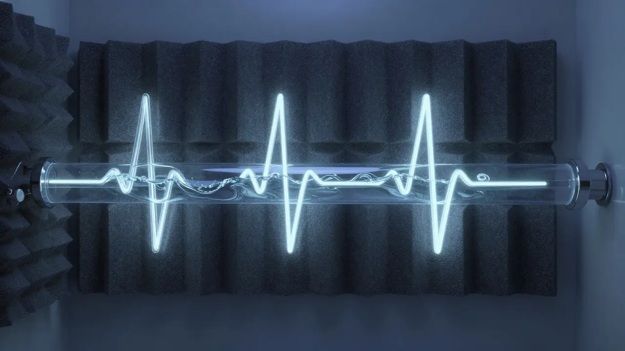 Ein transparentes Abwasserrohr mit sanft leuchtender Dämmung, das die unsichtbare Wirkung von Schallschutz in Wohnräumen symbolisiert.