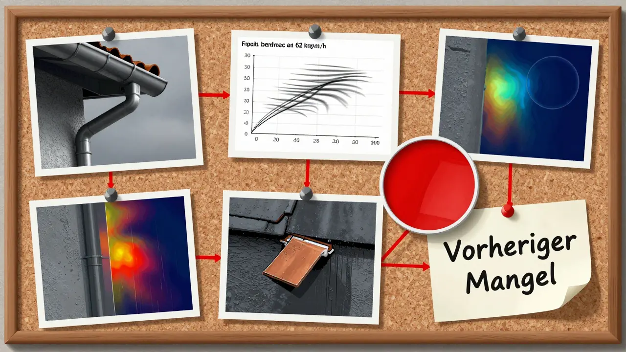 Eine Beweiswand mit Fotos, Wetterdaten und thermografischen Aufnahmen zur Ursachenanalyse eines Schadens.