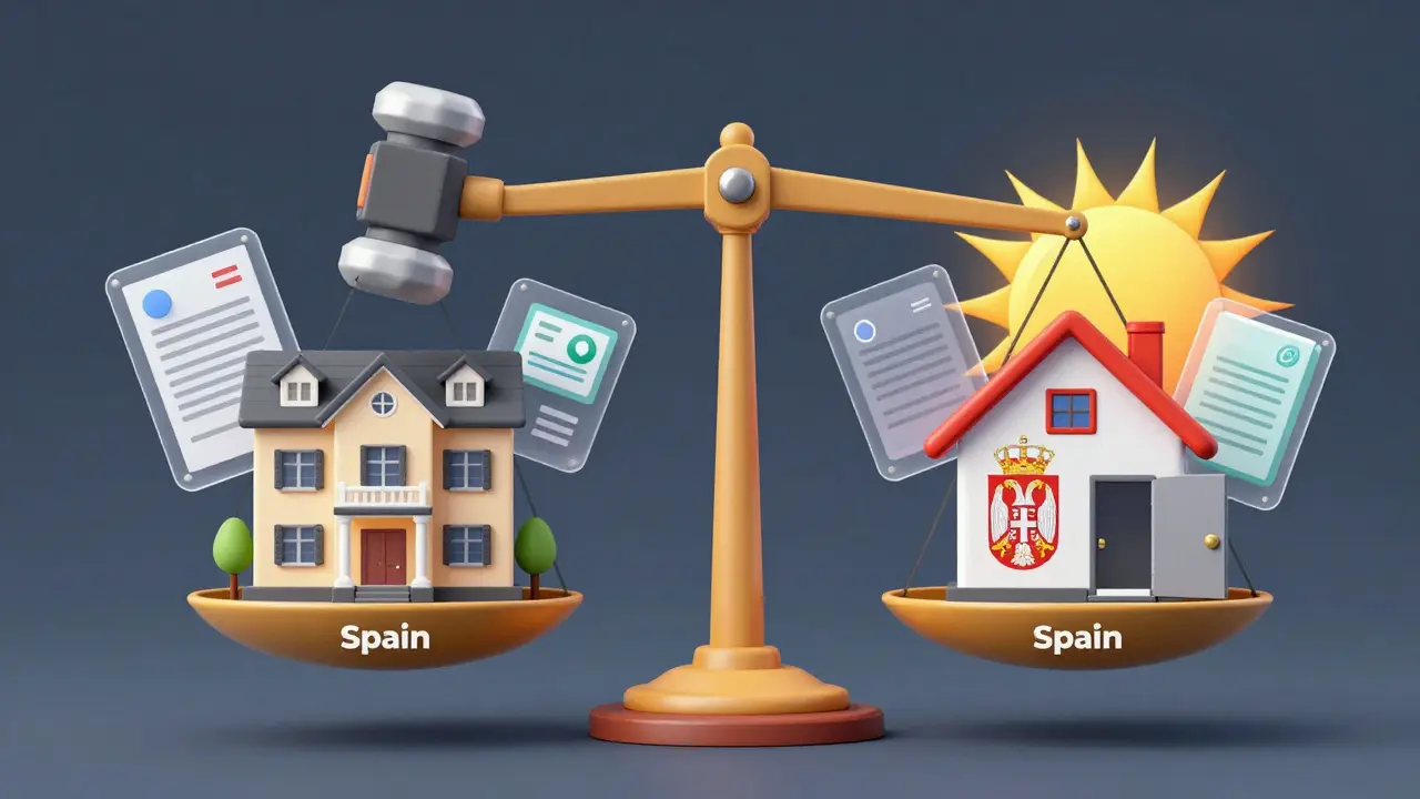 Eine Waage: Eine luxuriöse Wohnung in Spanien mit 100% Steuer gegen ein einfaches Haus in Serbien mit Sonnenaufgang — Symbol für unterschiedliche Immobilienmärkte.