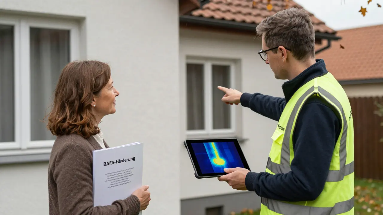 Energieberater zeigt Wärmebild einer Hausfassade einer Hausbesitzerin.