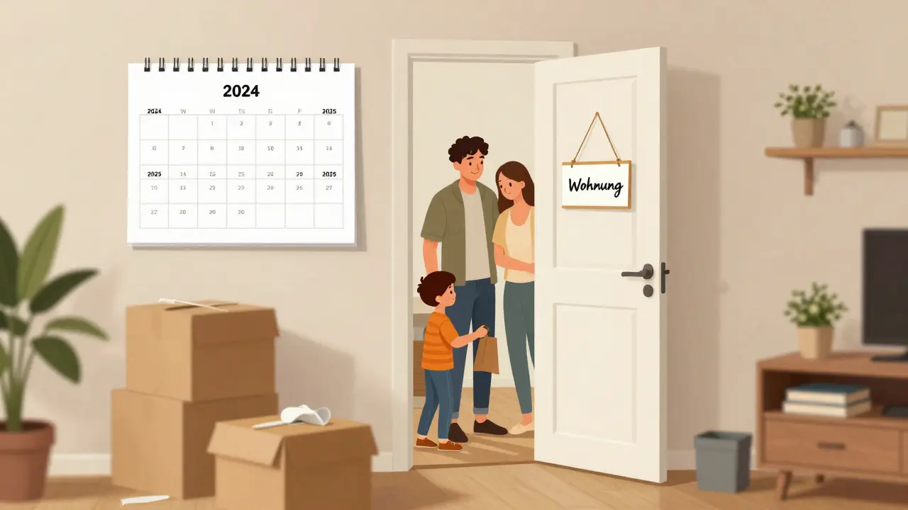 Familie zieht in eine Wohnung ein, Kalender zeigt drei Jahre Eigennutzung von 2024 bis 2026.