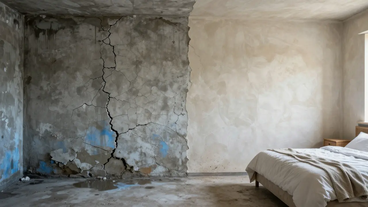 Gegensatz: beschädigter Zementputz im Keller links, gesunder Kalkputz im Schlafzimmer rechts, mit Übergang zur Hybridvariante.