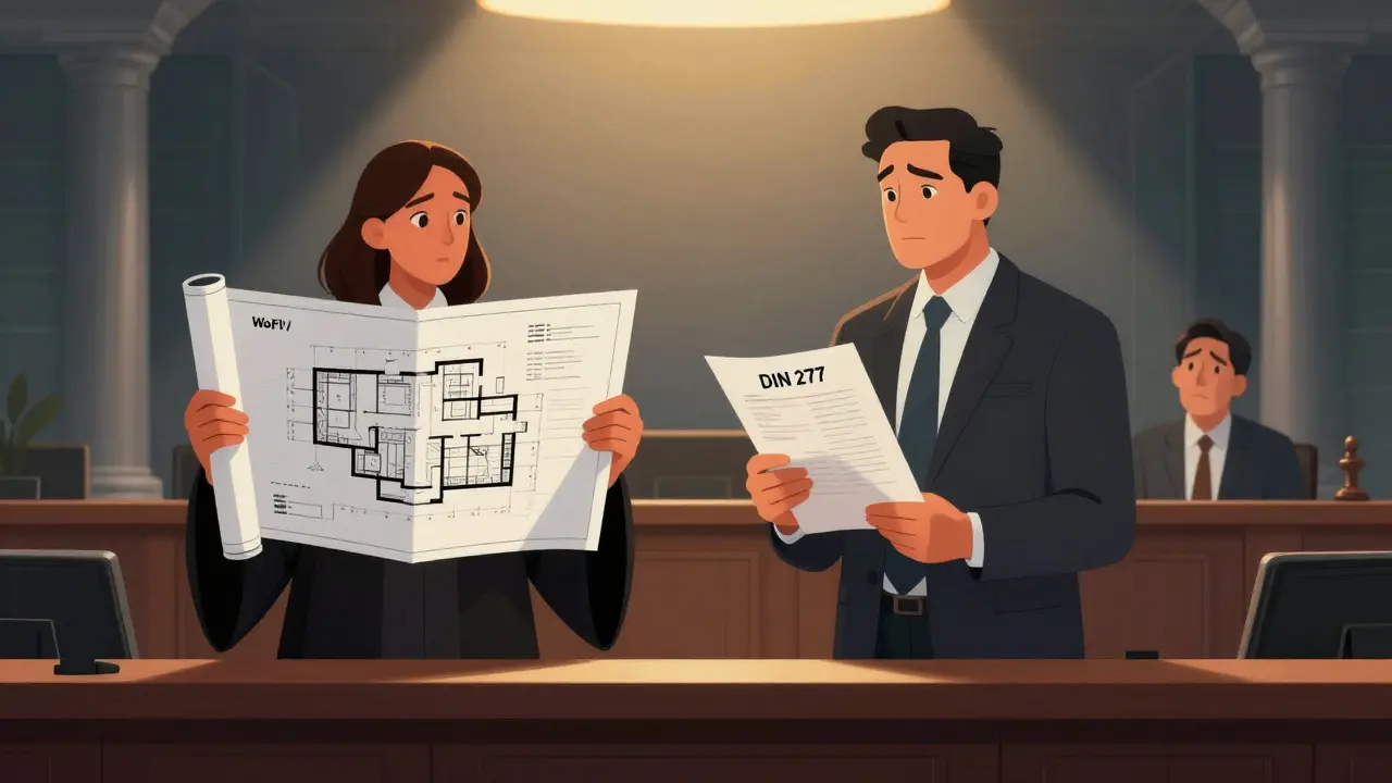 Gerichtsszene mit Richter, der WoFIV und DIN 277 gegenüberstellt, während ein Käufer mit Gutachten steht.