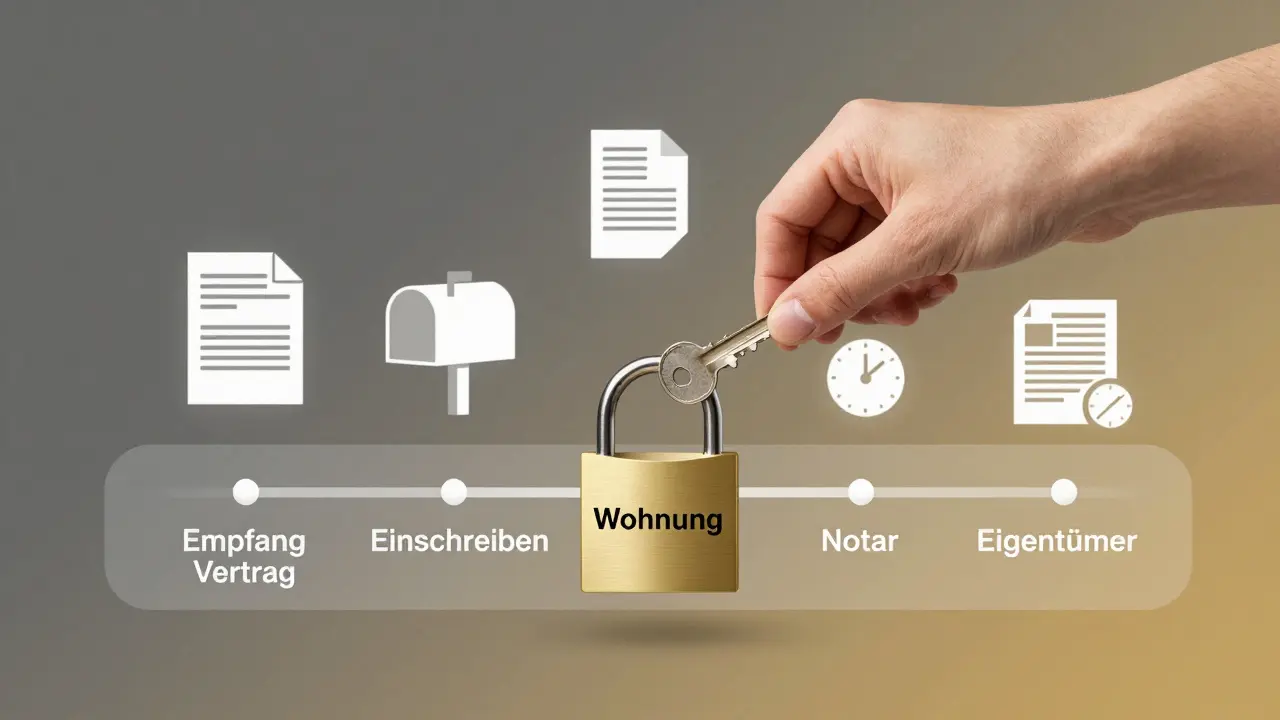 Hand legt Schlüssel in Schloss mit 'Wohnung', Timeline zeigt Schritte vom Vertrag zum Eigentum, rechtliche Symbole umgeben die Szene.