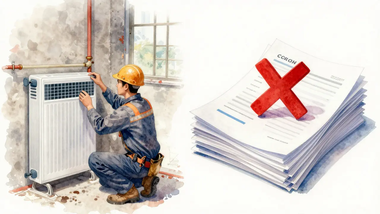 Handwerker installiert Heizung, Finanzdokumente mit rotem X.