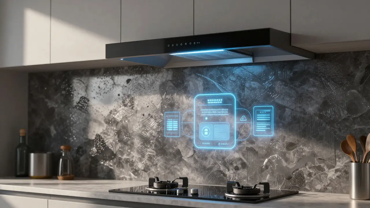 Intelligente Glasrückwand mit berührungsempfindlichen Feldern und selbstreinigender Beschichtung.