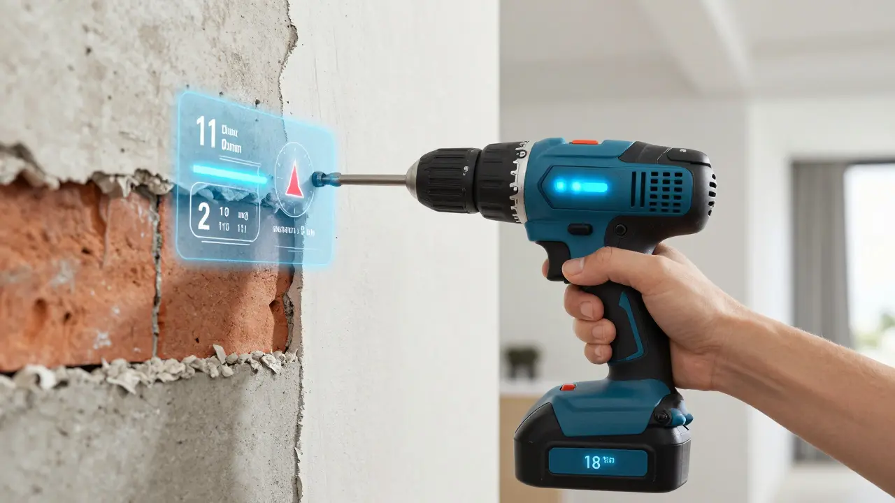 Kabelloser Schlagbohrer mit digitaler Anzeige, der automatisch in Betonwand bohrt, moderne Wohnumgebung.