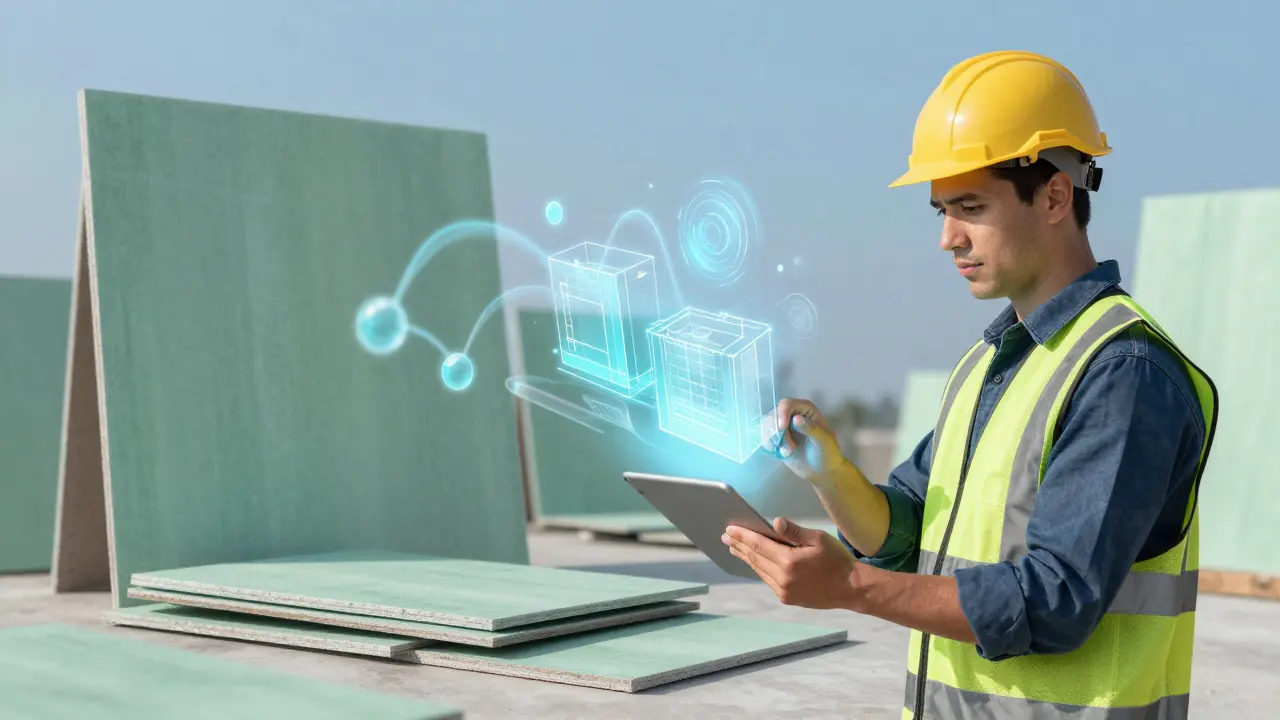 Konzeptuelle Darstellung von recycelten Materialien, die in Trockenbauplatten umgewandelt werden, mit holografischem Modell.