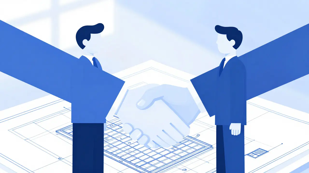 Mieter und Vermieter schütteln Hände über Grundriss.