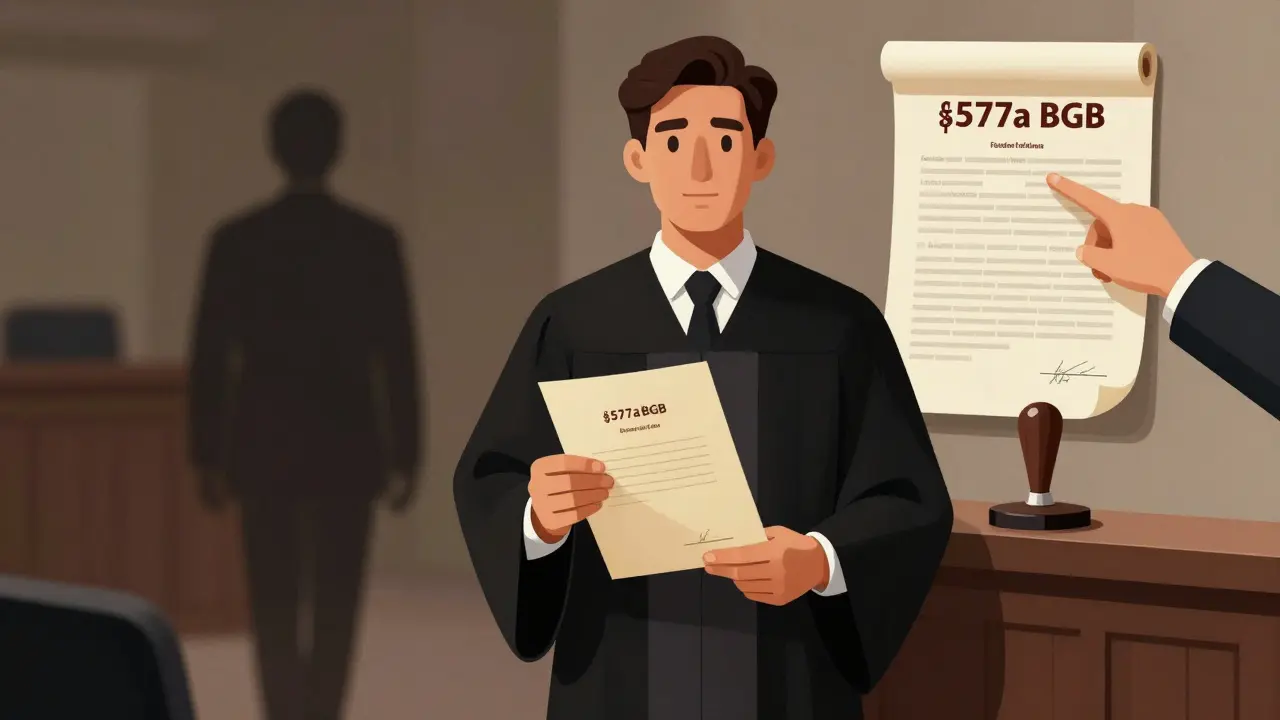 Mieter vor Gericht, Rechtsdokument mit §577a BGB, dritter Käufer geht davon, Eigentumsurkunde wird gestempelt.