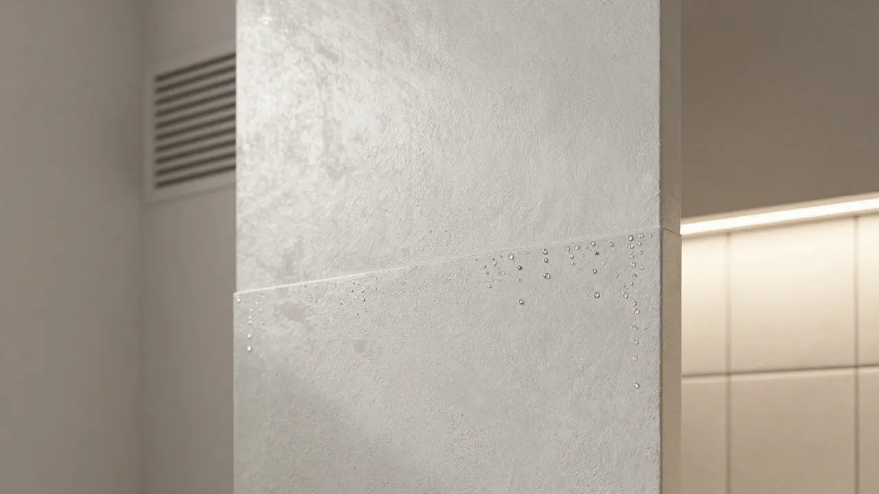 Moderne Badezimmerwand mit Kalkzementputz, teilweise gefliest, mit trockener Oberfläche und Belüftungsgitter im Hintergrund.