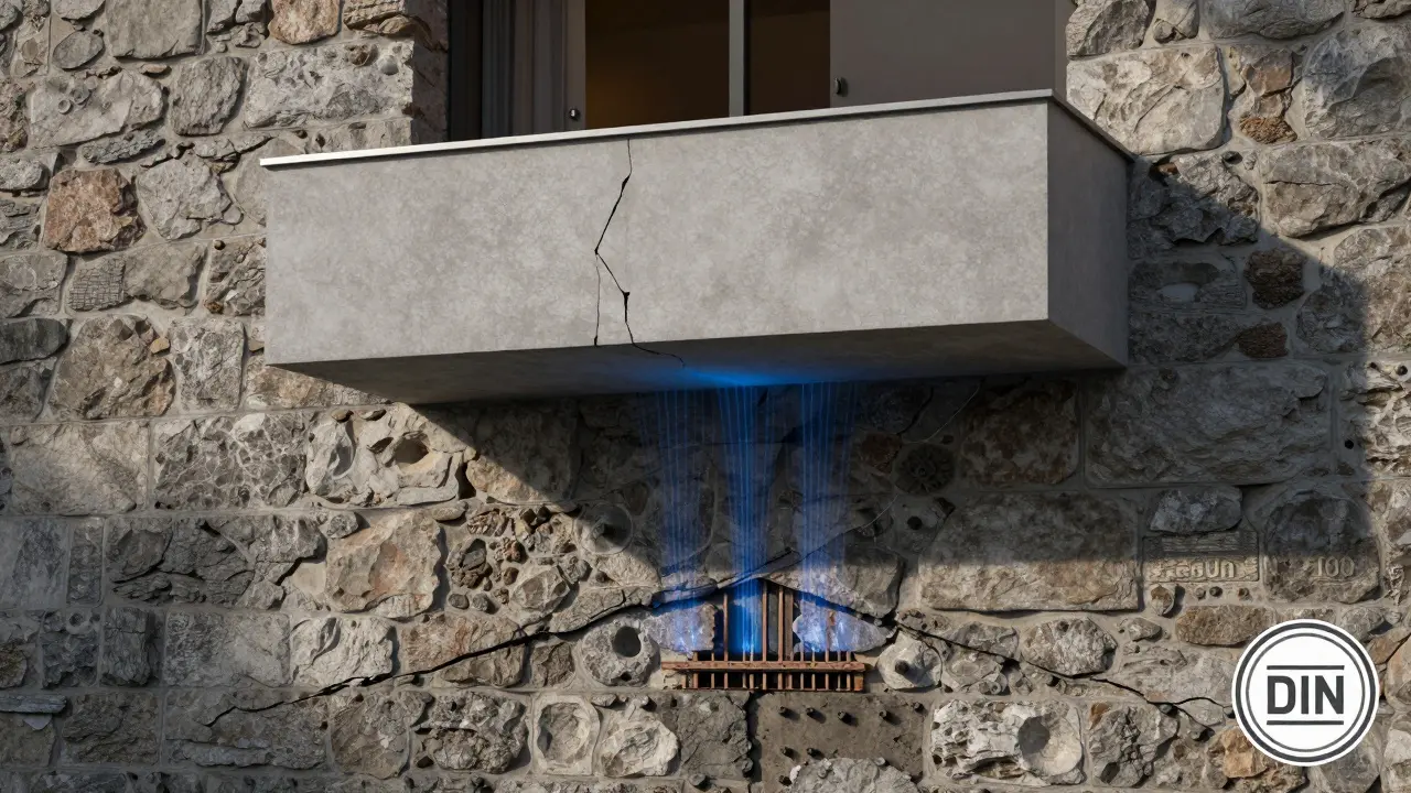 Querschnitt durch eine alte Mauer mit verborgenen Verankerungen, die einen modernen Balkon tragen.