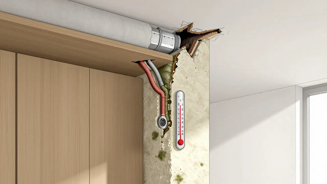 Querschnitt einer alten Hauswand mit Wärmebrücken und defekter Lüftung, die Schimmelbildung verursachen.