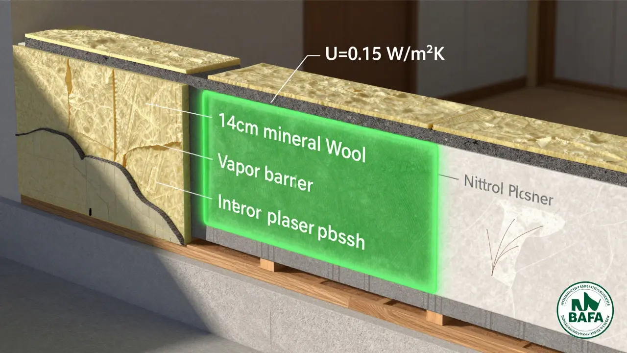 Querschnitt einer gedämmten Wand mit U-Wert 0,15, gekennzeichnet mit BAFA- und KfW-Logos.