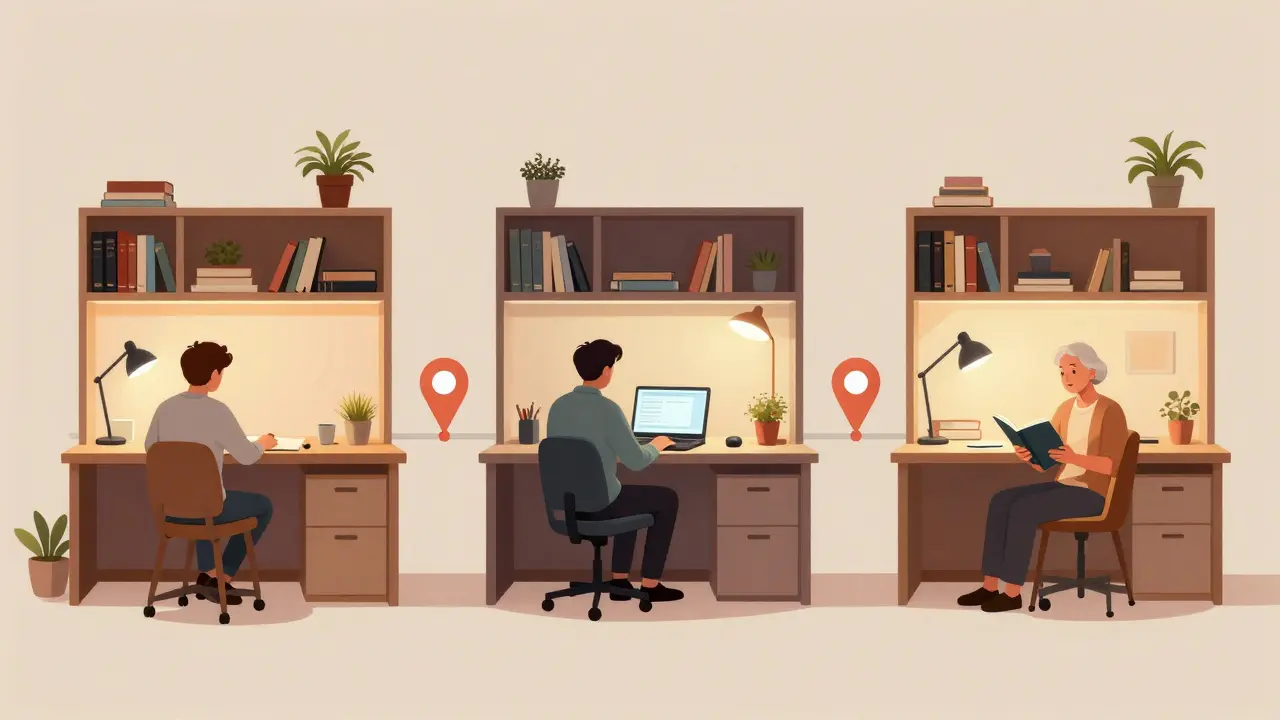 Same apartment unit transformed over time for student, professional, and senior resident.