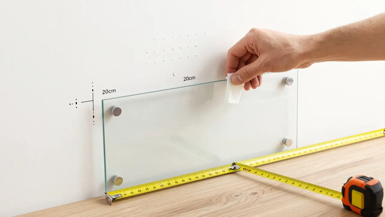 Technische Darstellung der Montage eines 6-mm-Glasrückwands mit Silikonpunkten und Abstandhaltern.