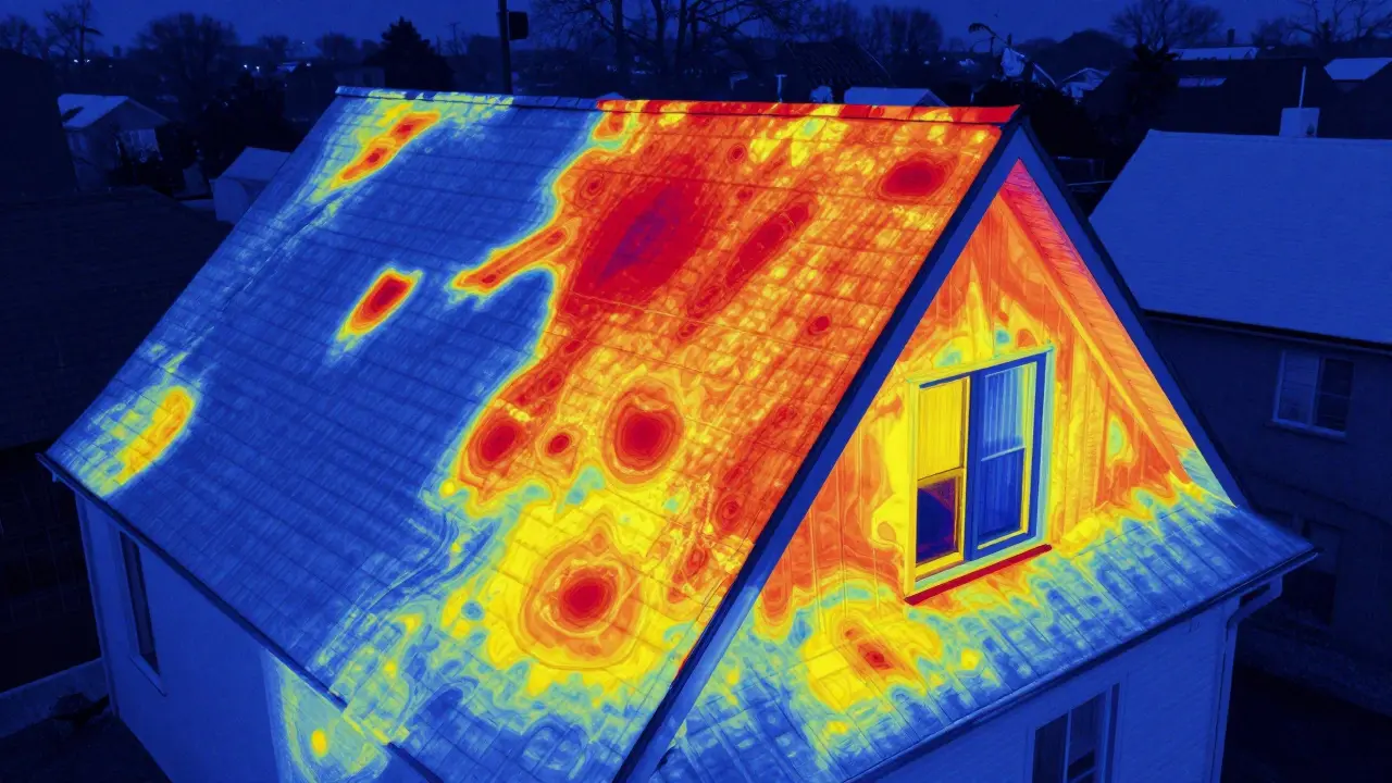 Thermografisches Bild eines Daches, das feuchte Stellen als warme Flecken an Gaube und Fenster zeigt.