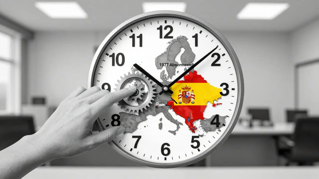 Uhr mit europäischen Ländern als Ziffern, Spanien als kaputter Zahnrad, Symbol für veraltetes Abkommen, andere Länder funktionieren reibungslos.