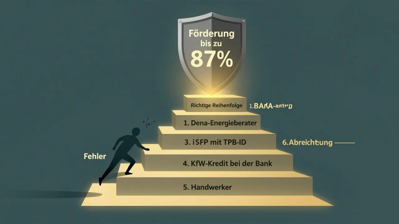 Visueller Pfad zur Förderung: Schritte von Beratung bis Abrechnung mit goldenem Licht.