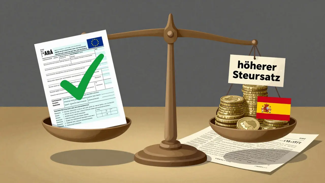 Waage mit steuerlich günstigen EU-Ländern auf einer Seite und Spanien mit höherer Steuerlast auf der anderen Seite.