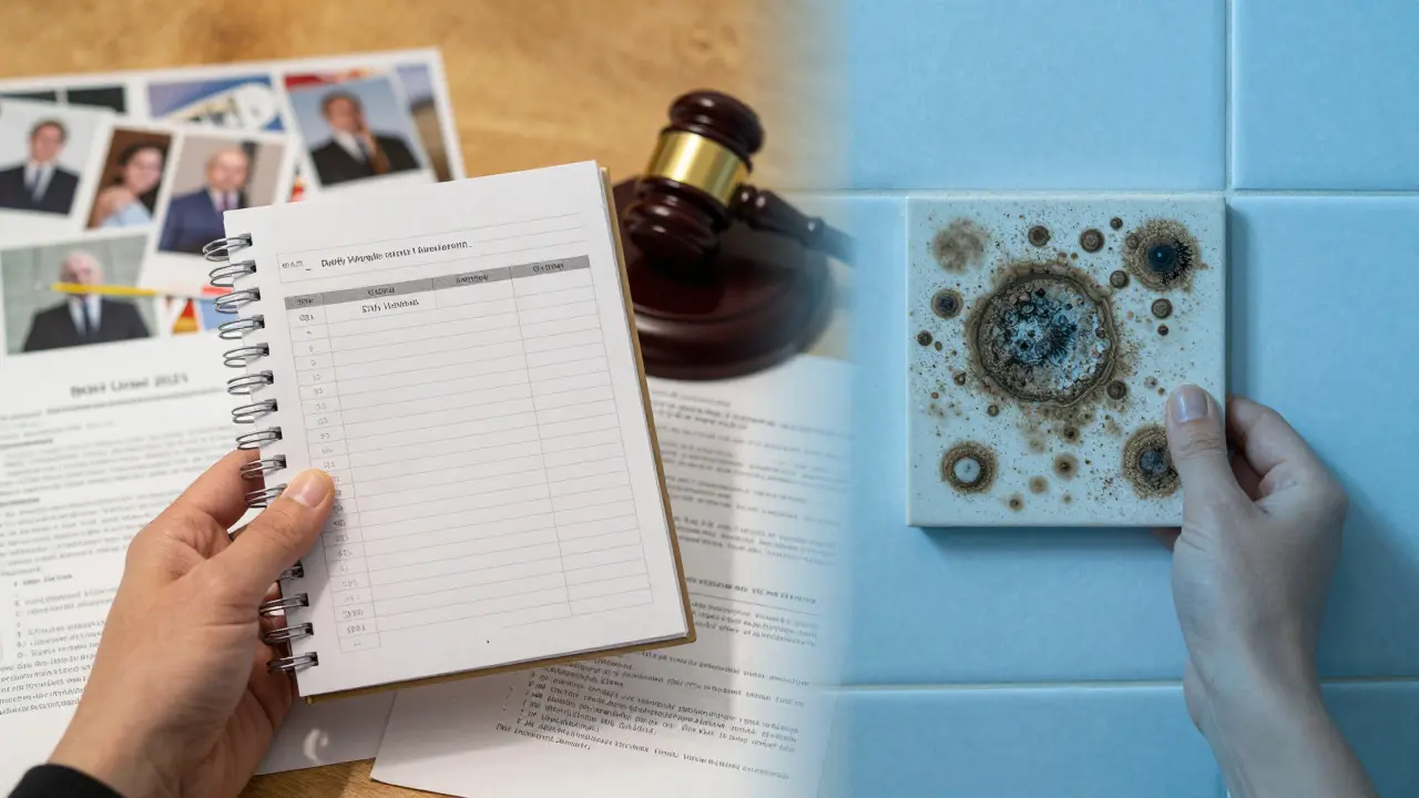 Zwei Hände: eine mit Lüftungsdokumentation, andere mit Schimmel – symbolisch für Beweis versus Schaden.