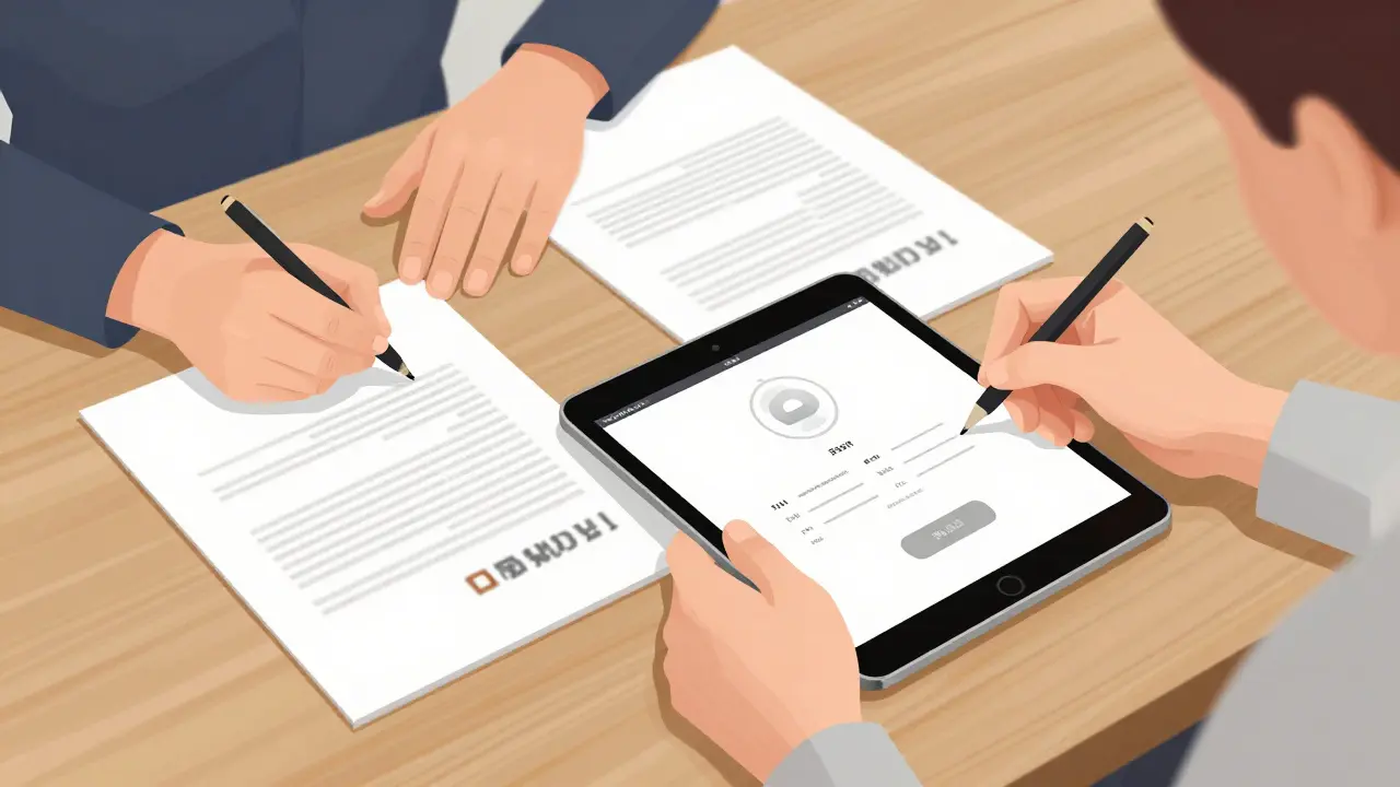 Zwei Personen unterschreiben das Mängelprotokoll gemeinsam mit digitaler Signatur.