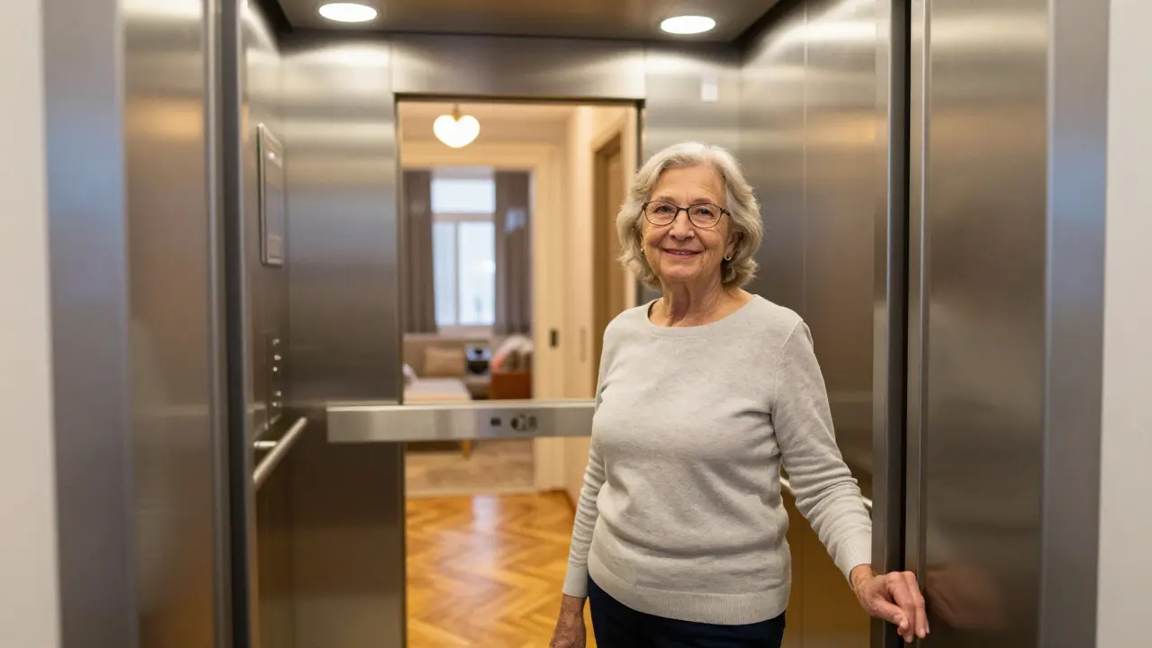 Ältere Frau steht sicher und glücklich im Inneren eines barrierefreien Aufzugs.