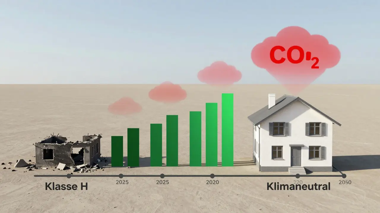 Bau von 2025 bis 2050: Haus verwandelt sich von Klasse H in klimaneutrales Gebäude mit sinkenden CO2-Wolken.