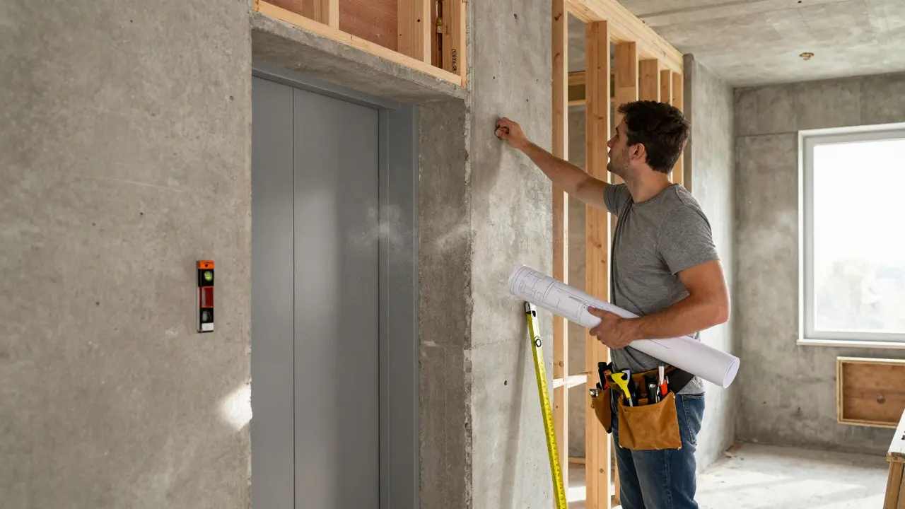 Baustellen-Szene im Flur beim Einbau eines neuen Aufzugschachts mit Werkzeug.