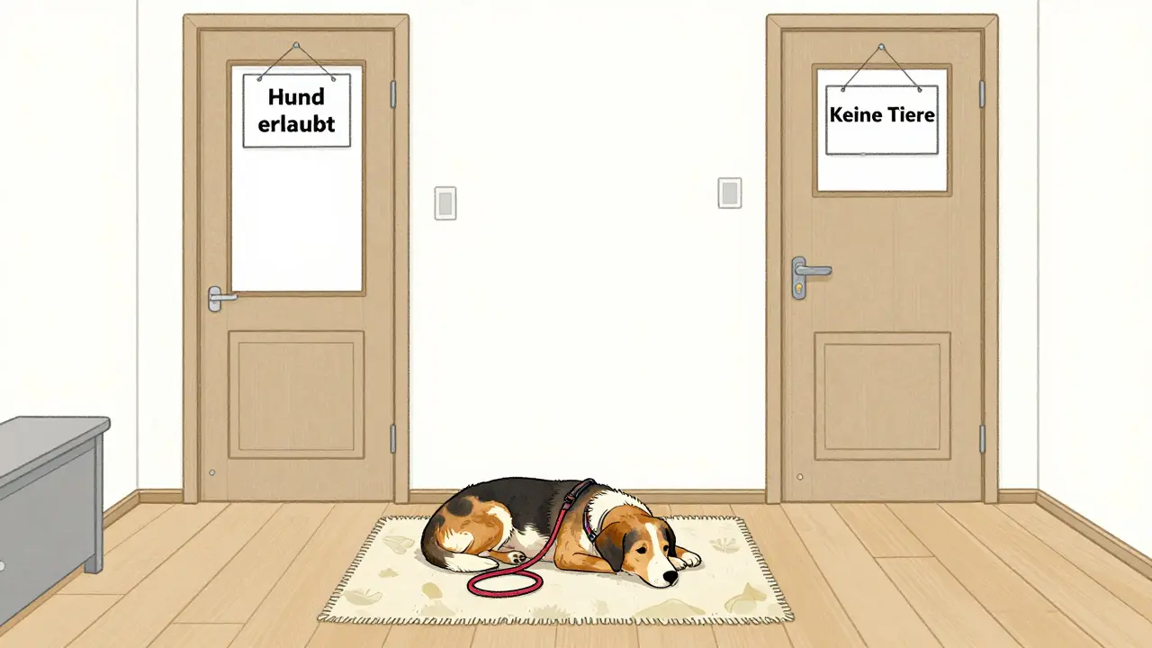 Ein gut erzogener Hund in einer kleinen Wohnung, der keine Unordnung hinterlässt und legal gehalten wird.