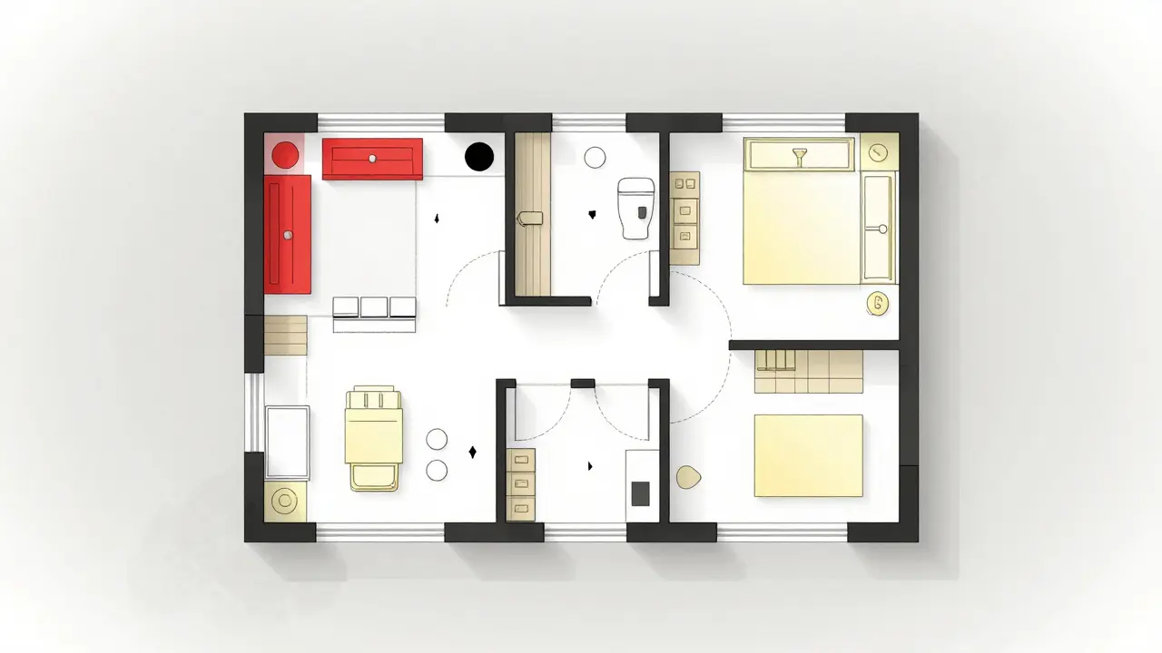 Ein minimalistischer Wohnungsplan mit drei Kontrastfarben: Rot für Türen, Gelb für Schalter und Schwarz für Bodenmarkierungen.