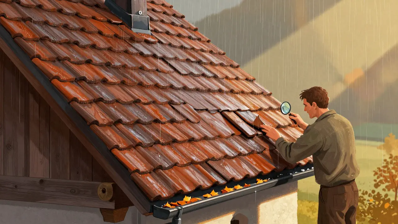Ein steiles Schrägdach wird mit Ziegeln neu gedeckt, Regen fließt ab, Holzunterkonstruktion ist sichtbar.
