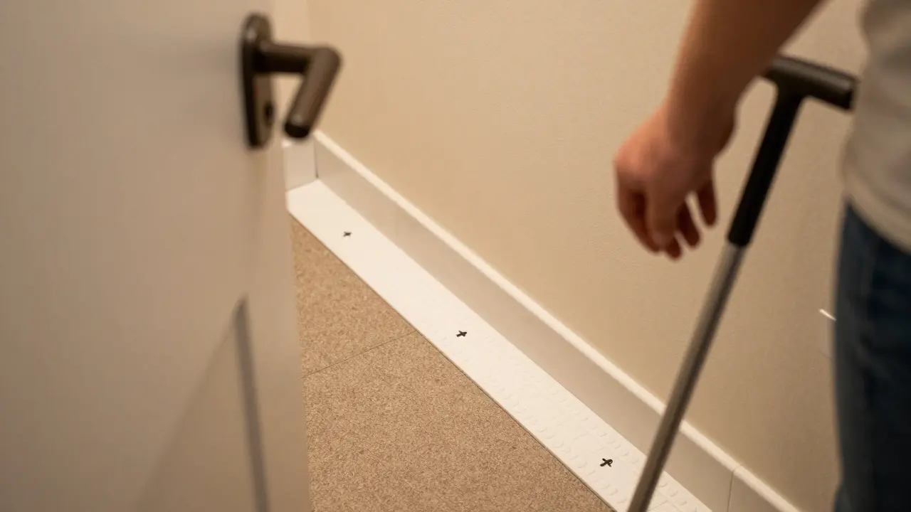 Ein taktiler Bodenindikator führt zur Toilette, mit einem dunklen Spülhebel, der sich von der hellen Wand abhebt.