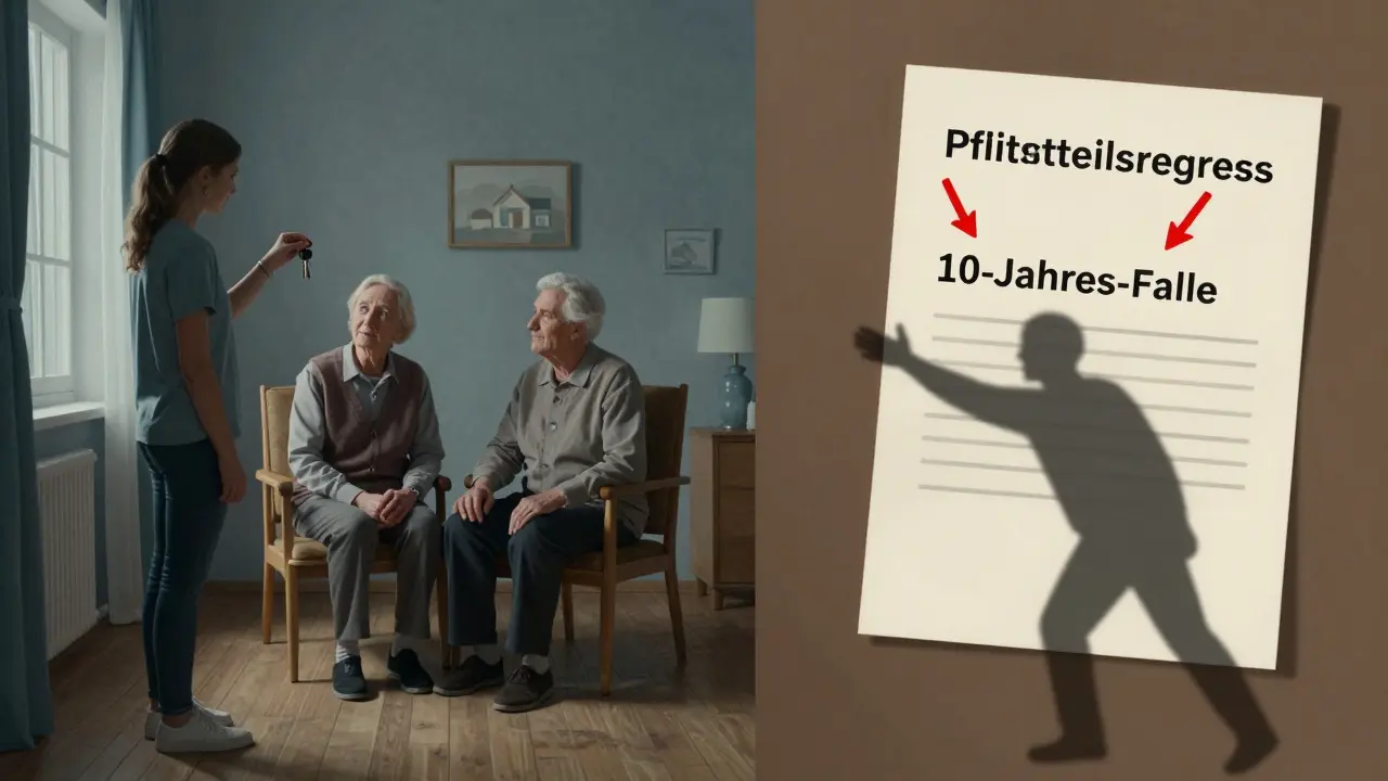 Eine Tochter hält die Haus Schlüssel, während ihre Eltern im Pflegeheim sitzen, während ein rechtlicher Hinweis auf Regress in Schatten erscheint.
