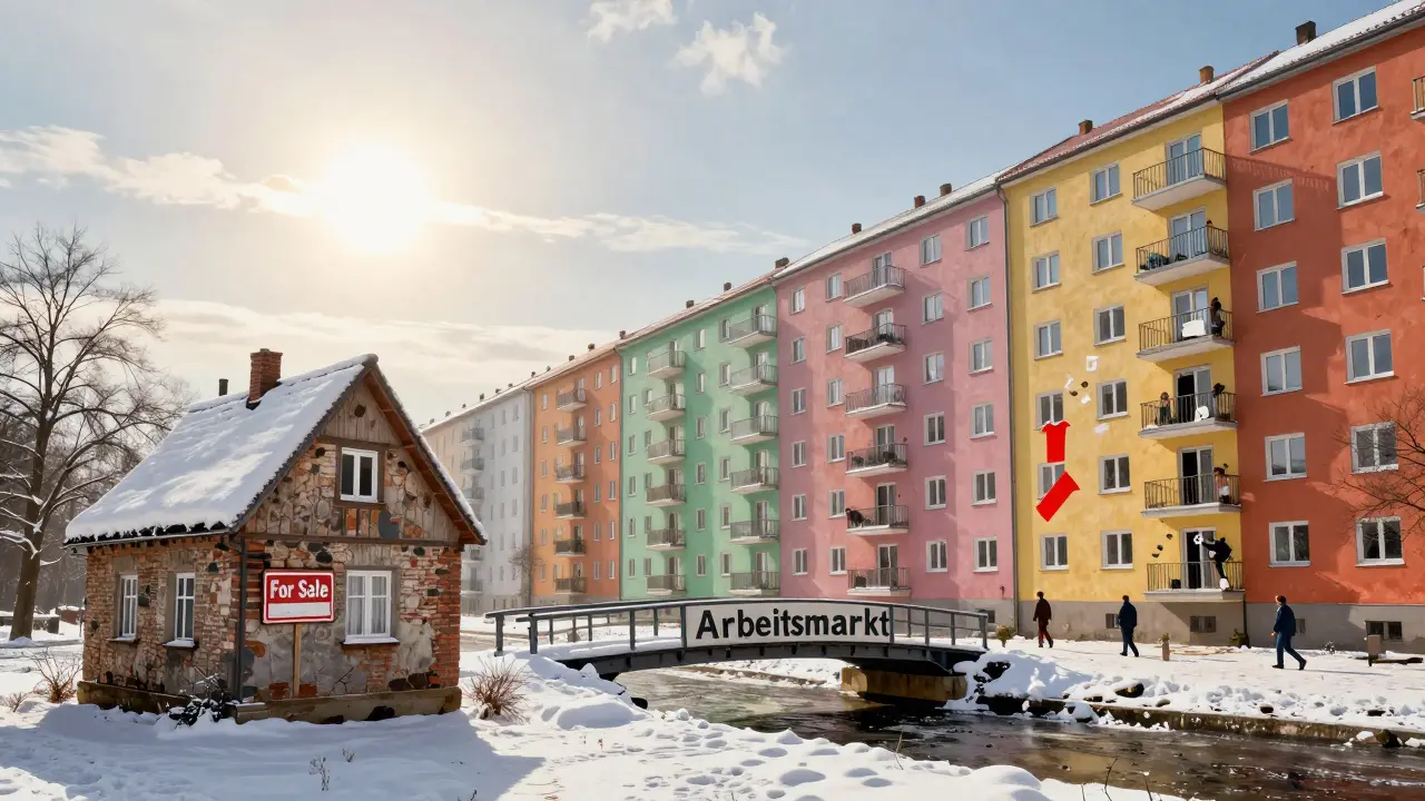 Einsames Haus in ländlicher Gegend neben lebendiger Wohnanlage in Berlin, getrennt durch einen Brückenschlag mit Arbeitsmarktsymbolen