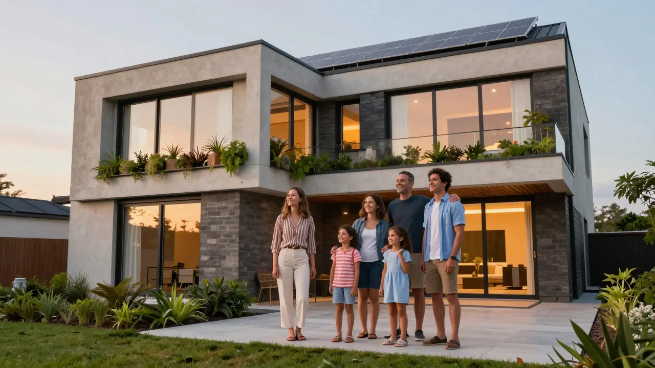 Familie vor neu renovierter Wohneinheit bei sonnenverwöhntem Licht