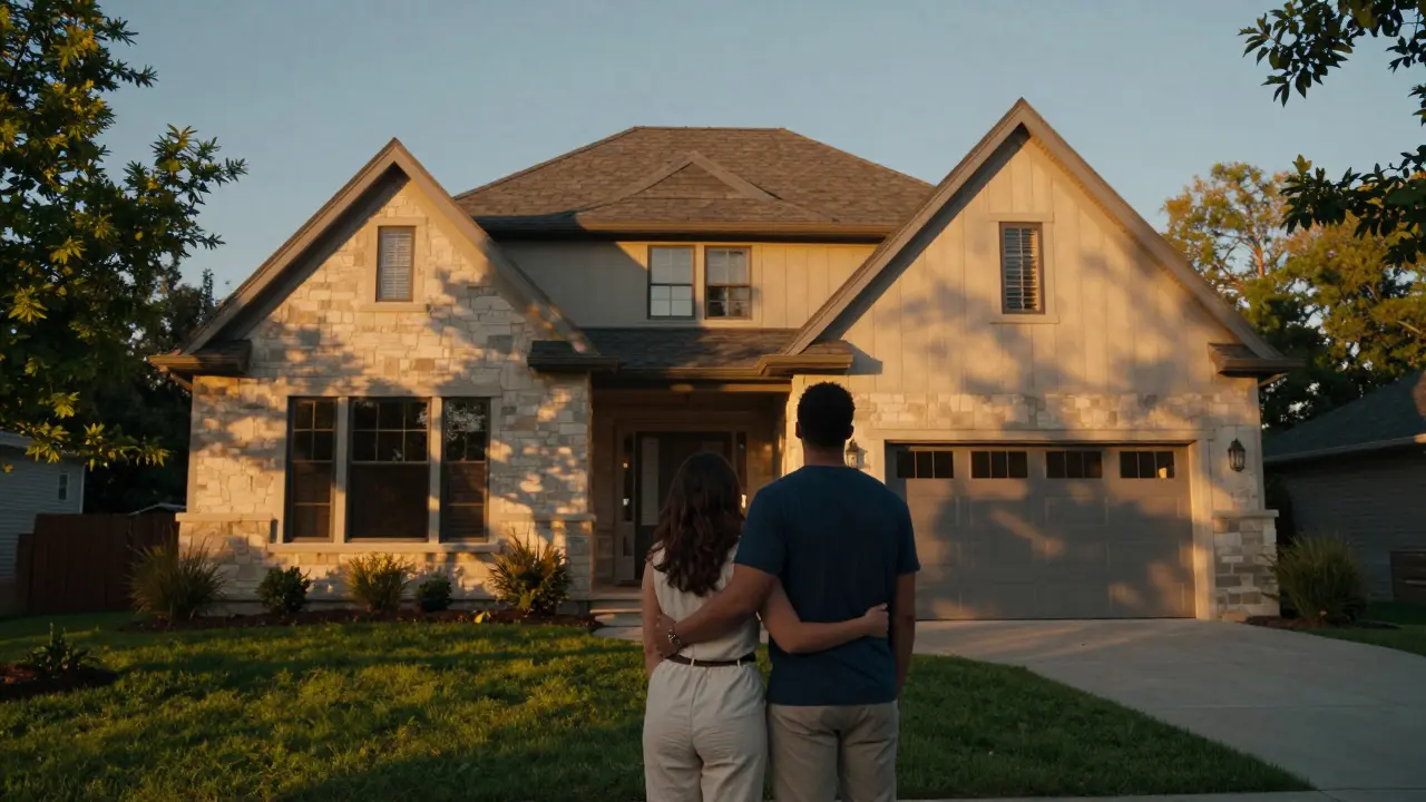 Familie vor neuem fertiggestellten Wohnhaus bei Sonnenuntergang