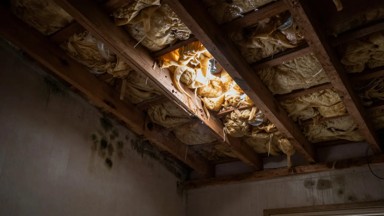 Feuchter Dachboden mit nasser Dämmung und Schimmel an den Wänden.