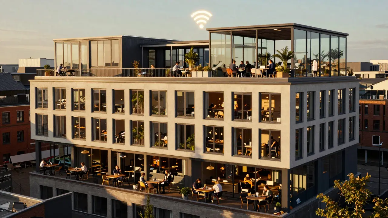 Gemischtes Gebäude in Hamburg mit Café, Wohnungen und gemeinsamem Dacharbeitsraum.