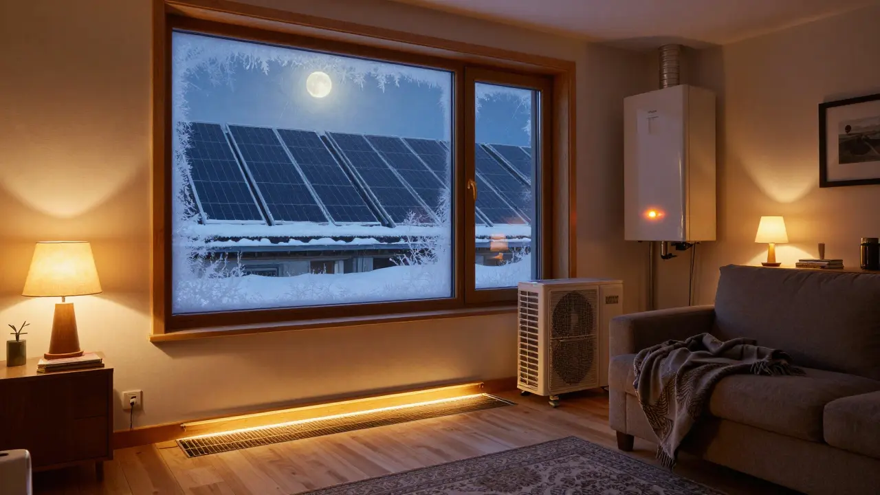 Gemütliches Wohnzimmer mit Fußbodenheizung, Solarthermie auf dem Dach und leise laufender Wärmepumpe bei Nacht.