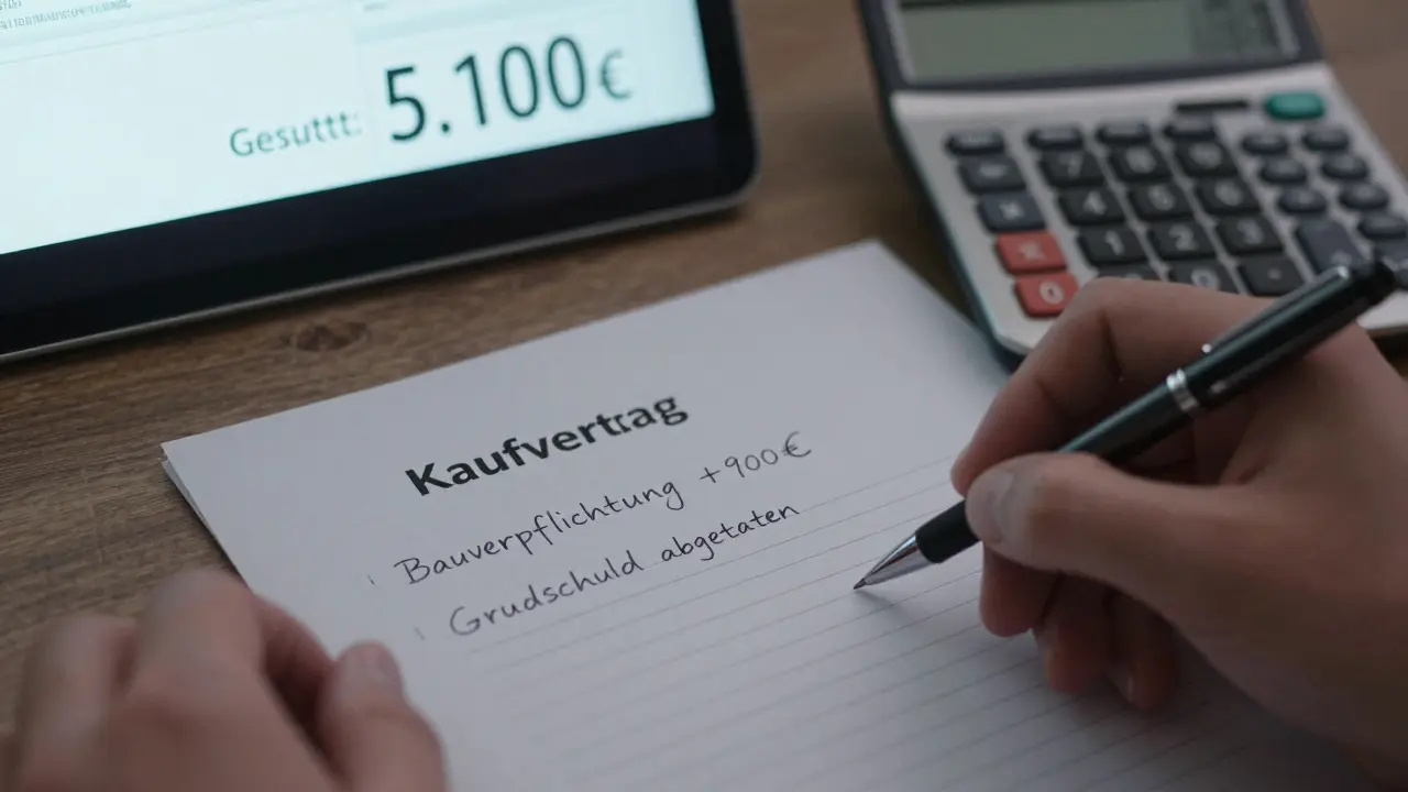 Hand schreibt Zusatzkosten bei Immobilienkauf auf, während digitaler Rechner Gesamtkosten anzeigt.