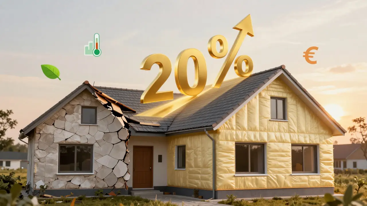 Haus mit goldenem Förderpfeil, transformiert von alt bis energieeffizient, symbolische Energiezeichen.