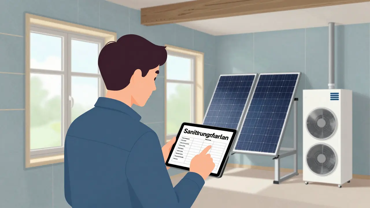 Hausbesitzer und Energieberater besprechen Sanierungsplan, vorher-nachher-Vergleich im Hintergrund.